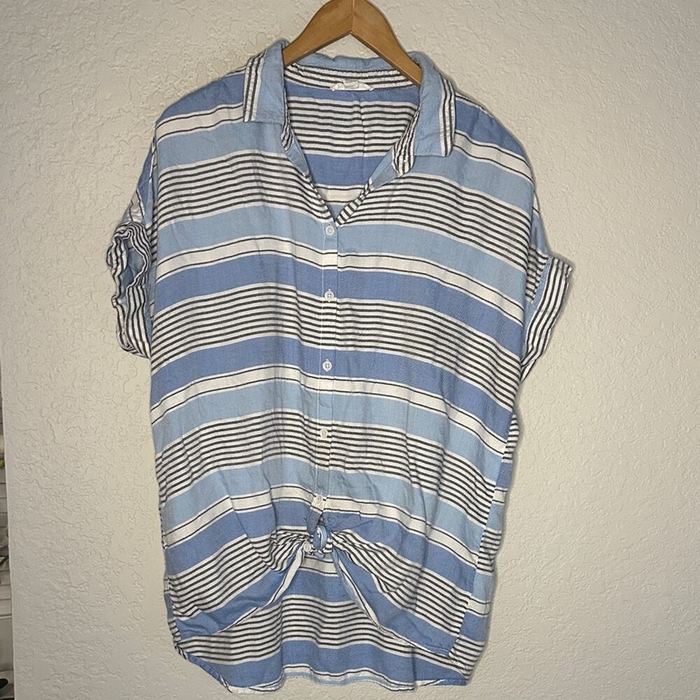 beachlunchlounge Blue, White & Black Striped Button-Down Tie Front Shirt